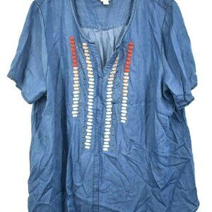 Est.1946 Womens Denim Blue  V Neck Embroidered XXL